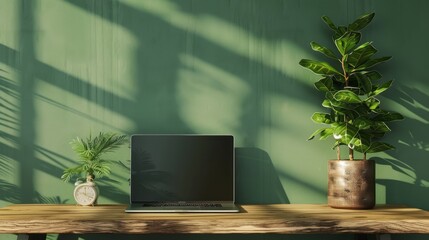 Laptop on wooden desk against vibrant green wall background - minimalist workspace concept