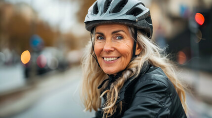 beautiful older mature retired woman wearing a cycling safety helmet while keeping fit taking excercise riding a bike