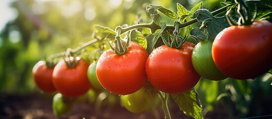 Vibrant Tomatoes Thriving on Lush Vine in Sunlit Garden Oasis
