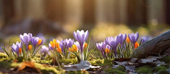 Vibrant Crocus Flowers Bursting with Pollen in Enchanted Spring Woodland