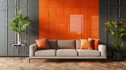 modern room with sofa and orange and brown wall
