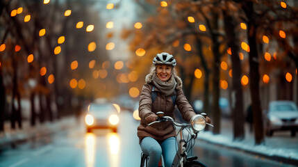 beautiful older mature retired woman wearing a cycling safety helmet while keeping fit taking excercise riding a bike