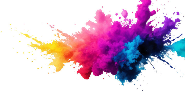 Bright colorful watercolor splash splatter stain brush strokes on white background. Modern vibrant aquarelle spot. Aquarelle explosion on white. Element. Vector watercolor illustration isolated design