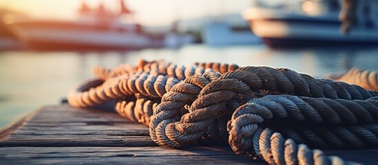 Marine Dock with Boat Mooring Ropes on Cement Pier in Coastal Harbor