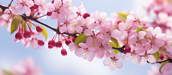 Delicate Pink Blossoms Adorn a Branch of a Crabapple Tree in Full Bloom