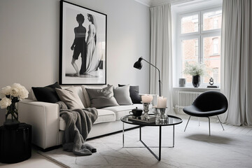 Contemporary chic in a Scandinavian-inspired living room with a monochromatic color scheme and sleek furniture.