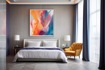 Contemporary elegance in a bedroom, an empty frame adding a touch of color against a wall painted in sophisticated hues.