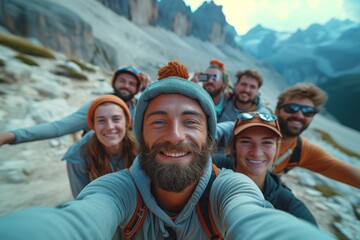 A group of tourists in the mountains in summer or autumn and look at the camera holding a camera or smartphone. Selfie shot of group of hikers in the mountain, active lifestyle, vacation concept