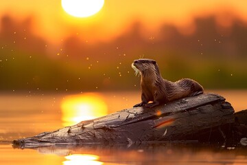 Serene Otter Bathing in the Warm Glow of a Riverside Sunset