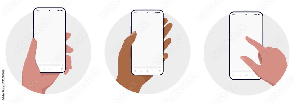 Leinwandbilder Mobile phone in round oval frame collection - Set of phones in hand with blank empty screen inside grey circle. Flat design vector elements with white background