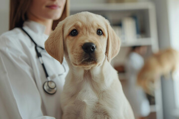 A dog being examined by a veterinarian. Examination of the animal by a veterinarian, routine vaccination.