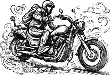 pen and ink drawing sketch of a man riding a motorcycle. black and white.