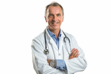 Fototapeta premium Male veterinarian in a white coat on a white background. Photo for Veterinarian's Day.