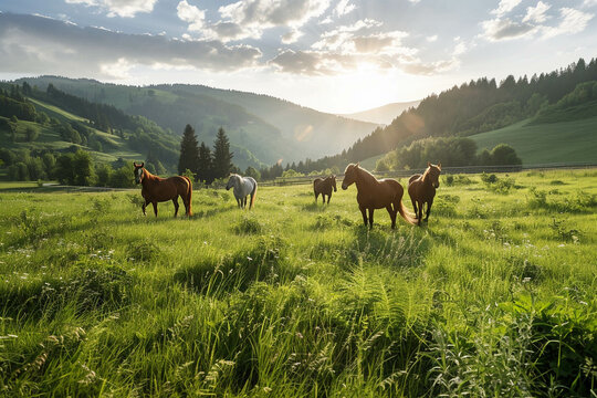 A herd of horses graze on a green meadow, forest in the background. Nature, harmony