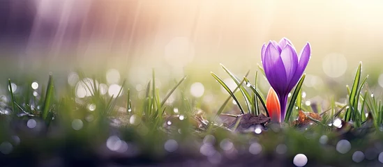 Tuinposter Delicate Purple Crocus Bud Glistening in Grassy Field with Dew Drops © vxnaghiyev