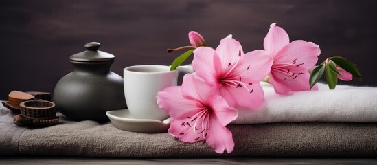 Obraz na płótnie Canvas Tranquil Asian Tea Set with Pink Flower and Soft White Towels for a Relaxing Spa Experience