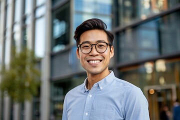 Man With Glasses Standing in Front of Building