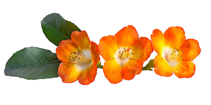 Oranges Flower on white Background, Rhododendron vireya Tropic Glow: Trusses of large orange flowers with a golden yellow throat