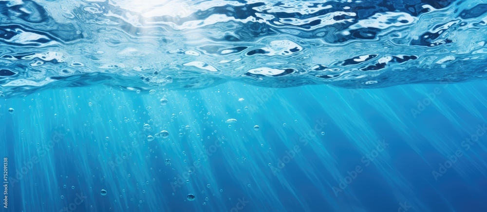 Poster vibrant blue water surface with refreshing bubbles and sparkling splashes