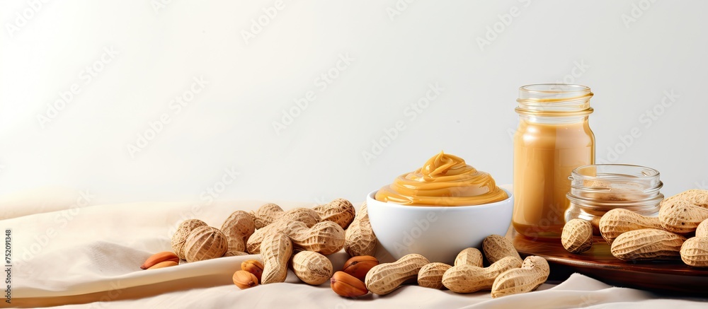Poster tempting peanut butter delights on a bright background with crunchy peanuts