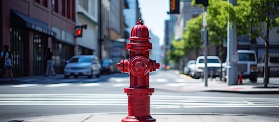 Vibrant Red Fire Hydrant Stands Tall on an Urban Street Corner Ready for Emergencies - obrazy, fototapety, plakaty