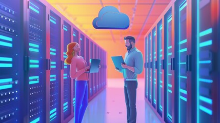 Collaborative it professionals discuss work in data center - male specialist with laptop engages female technician at server rack with cloud icon, technology industry concept