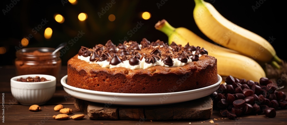 Poster tempting banana cake delight with chocolate and nutty goodness on rustic wooden table