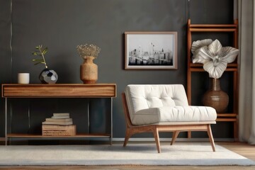 Fototapeta premium Bright Living Room Interior with Neutral Sofa, Plants and Woven Rug