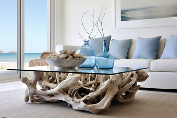Driftwood coffee table centerpiece amidst a symphony of maritime blues and soft greys, merging with the summer sunlight to create a tranquil, coastal-inspired living room