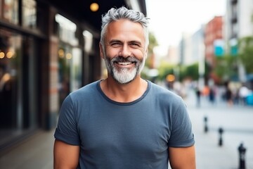 Portrait of a handsome middle-aged man smiling at the camera outdoors - obrazy, fototapety, plakaty
