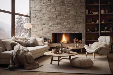 Cozy and comfortable, this Scandinavian-inspired living room features a fireplace and plush seating.
