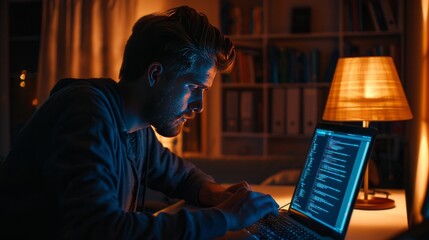 Obraz premium Male programmer coding late into the night on laptop mockup screen for networking, malware, or software development at office. Tech professional working diligently on computer - concept for it industr