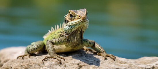 Fototapeta premium Curious Reptile Perched on Stone Basking Under the Sun in the Wild