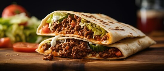 Delicious Homemade Crunch Wrap Taco on Cutting Board: Close Up Flavorful Mexican Sandwich - obrazy, fototapety, plakaty