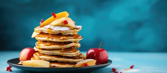Delicious Homemade Pancakes with Fresh Apples and a Dusting of Powder on Blue Background