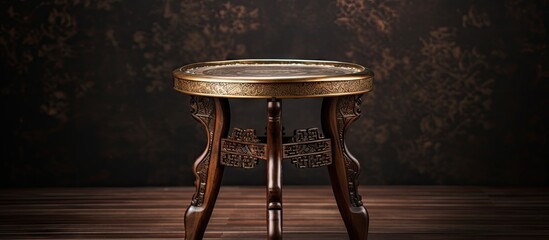 Elegant Vintage Brass Stool with Exotic Wood Base - Luxurious Oriental Furniture Piece - obrazy, fototapety, plakaty