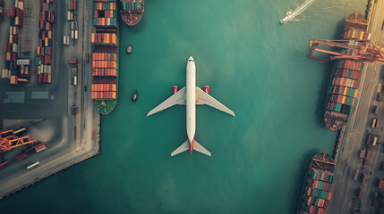 Aerial view of airplane and cargo ship in port, transportation and logistics concept