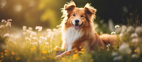 Lovely Dog Relaxing in a Meadow of Colorful Flowers Blooming Under the Blue Sky