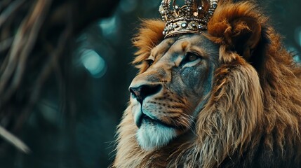 A majestic lion wearing a crown on its head and holding a diamond in its mouth.