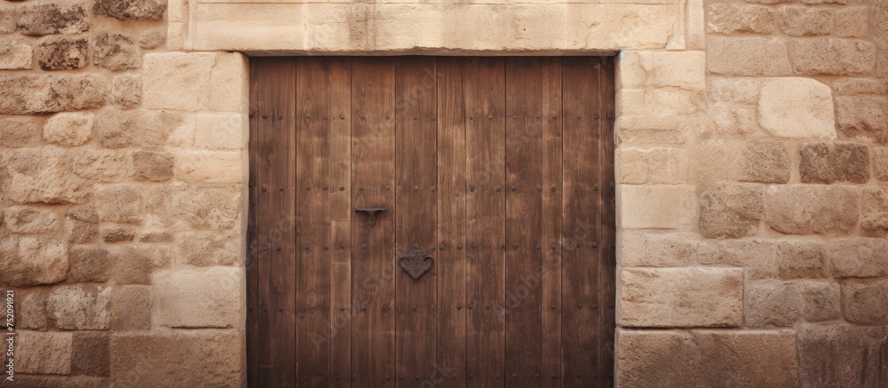 Poster weathered wooden door embedded in ancient stone wall with rustic charm
