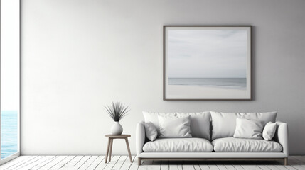 A minimalistic living room with a blank white empty frame, adorned with a simple, yet captivating,...