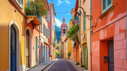 Fototapeta premium Beautiful vibrant street architecture and cathedral scenery popular with tourists in the French Riviera department of France.