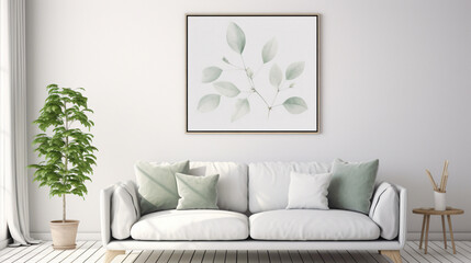 A minimalistic living room with a blank white empty frame, capturing the beauty of a delicate, watercolor botanical illustration that adds a touch of nature.