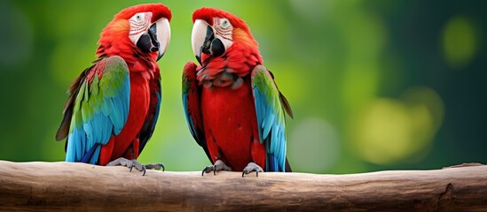 Vibrant Green-Winged Macaw Parrot Pair Perched Together on a Wooden Branch