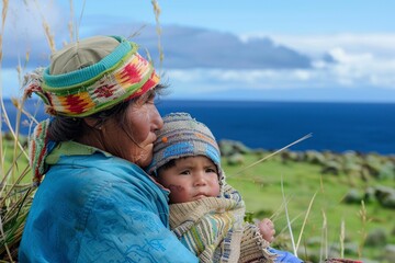 Obraz premium Indigenous Woman Holding a Child Overlooking a Coastal Landscape in Broad Daylight
