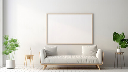 A minimalistic living room with a blank white empty frame, capturing the beauty of a delicate, minimalist line drawing that adds a touch of sophistication.