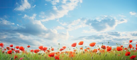 Vivid Red Poppies Blanket Spring Meadow Under Clear Blue Sky in Stunning Nature Scene