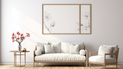 A minimalistic living room with a blank white empty frame, capturing the beauty of a delicate, watercolor botanical illustration that adds a touch of nature.