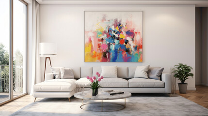 A minimalistic living room with white walls, a sleek gray sofa, and a colorful abstract art piece.
