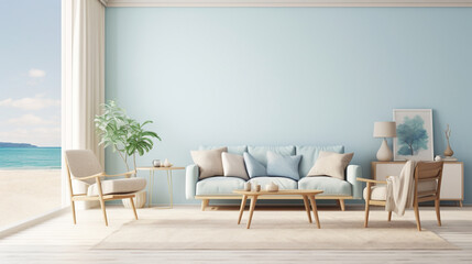A minimalistic living room with a blank white empty frame, capturing the soothing essence of a tranquil beach scene depicted in a soft, pastel color palette.